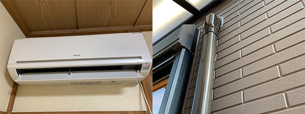 戸建で新品エアコンの標準設置と配管化粧カバーの施工